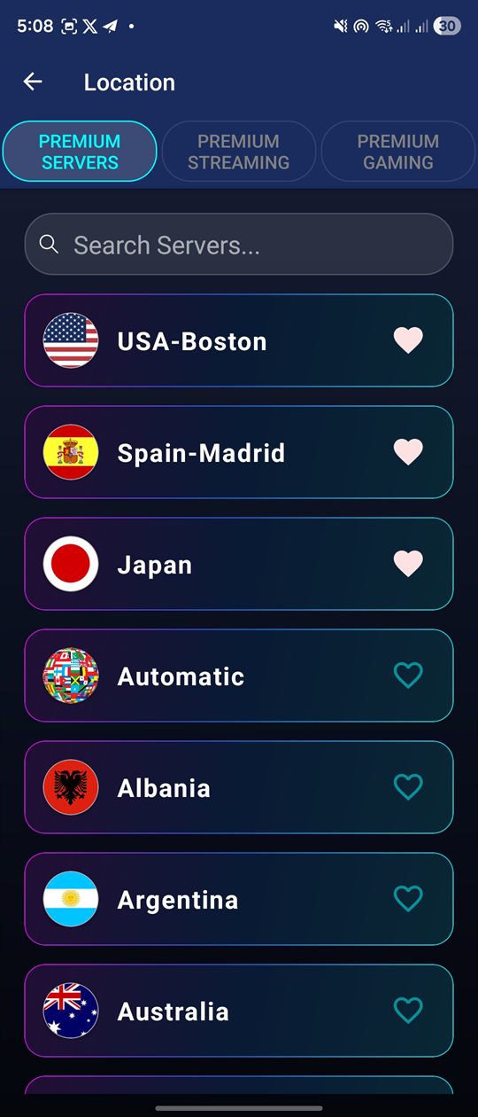 Ustreaming VPN country server list on smartphone