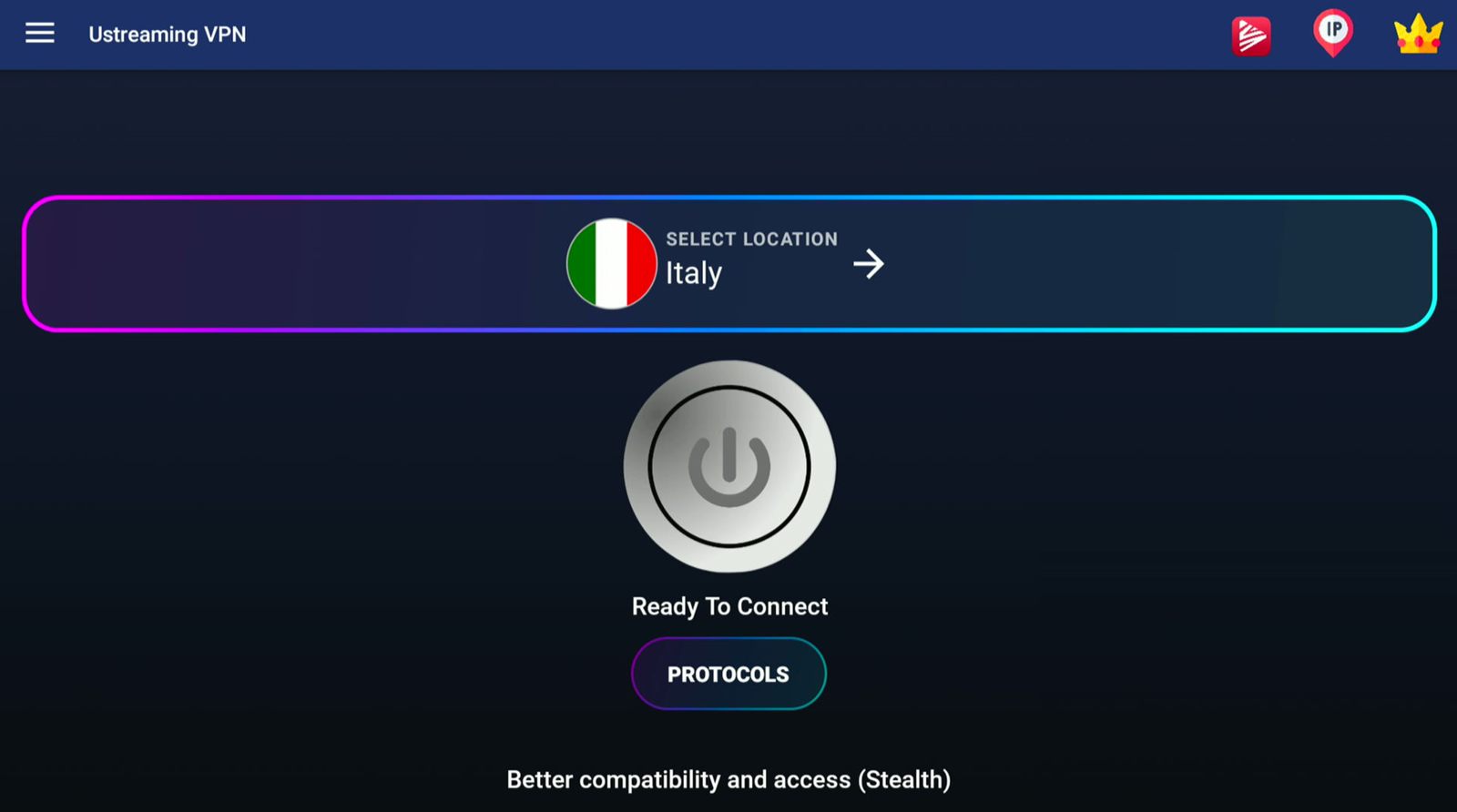 Ustreaming VPN desktop connection screen with Italy selected