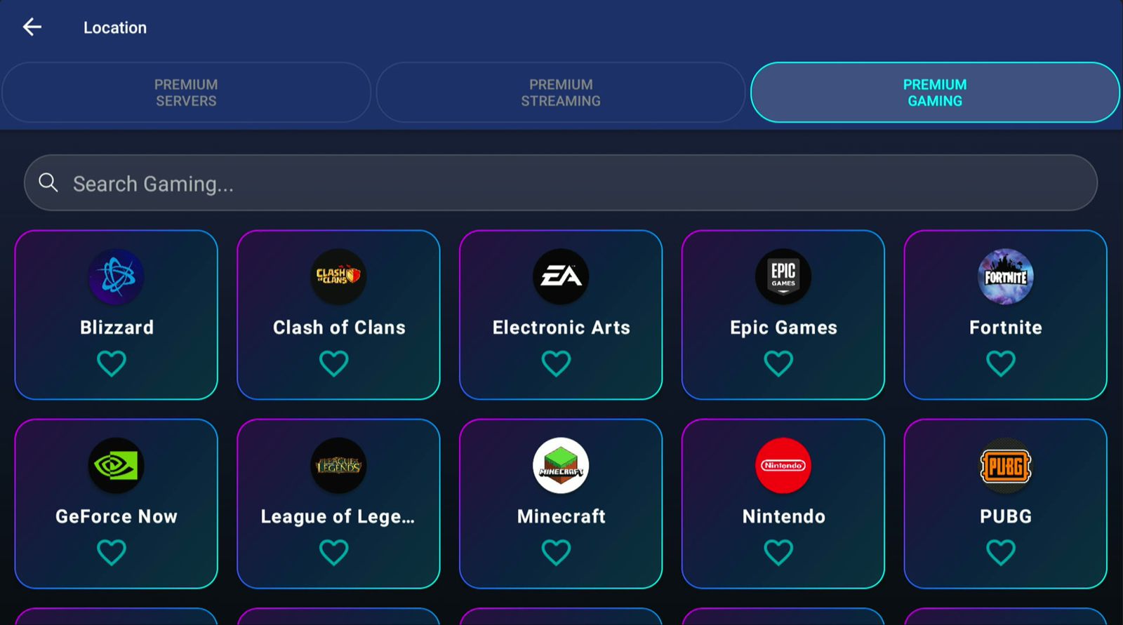 Ustreaming VPN premium gaming optimization server list on a landscape screen